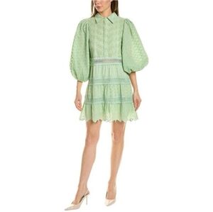 Alice + Olivia Blakesley Eyelet Mini Shirt Dress in Pistachio Green Puff Sleeve